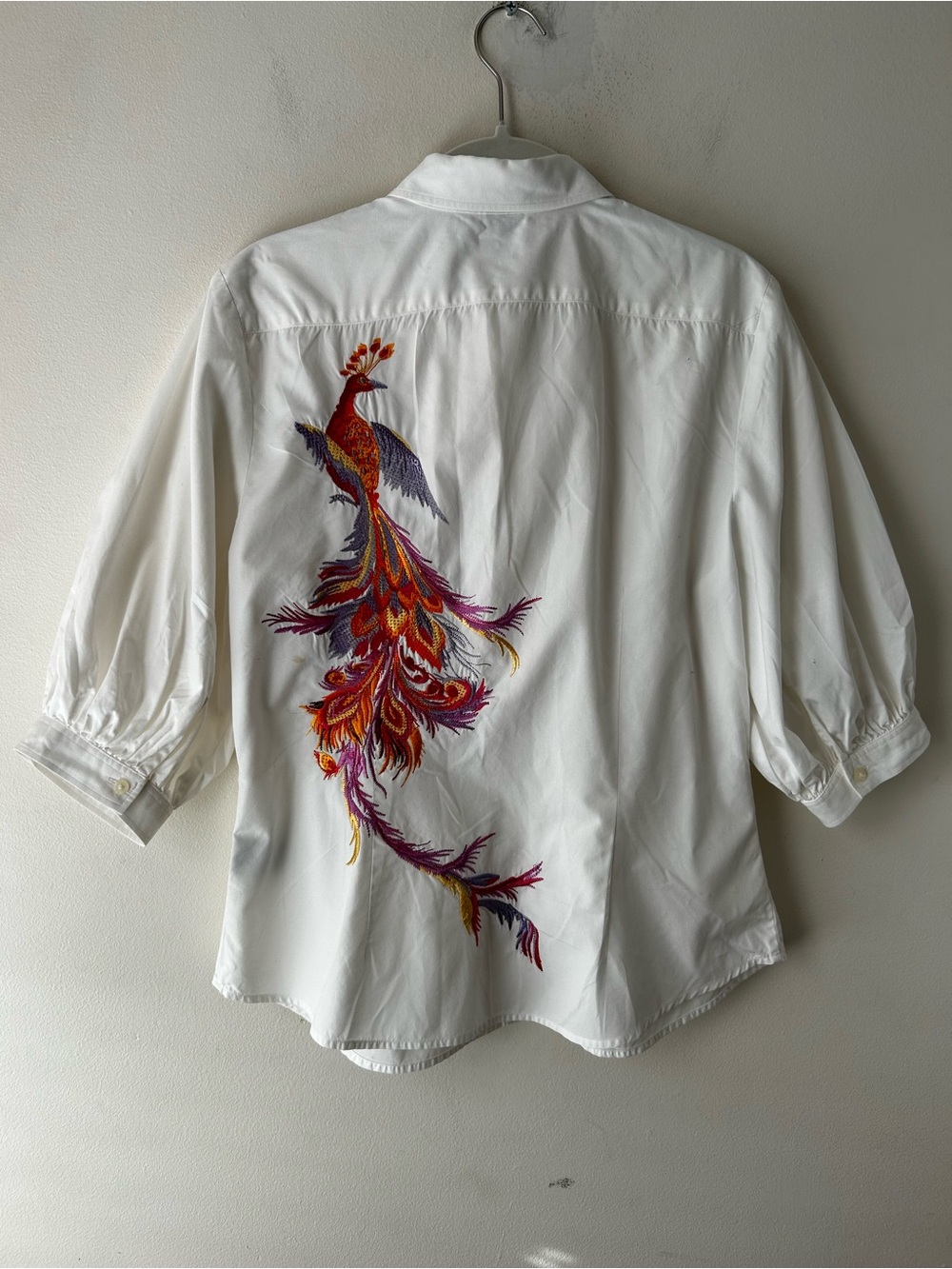 Vintage Lauren Ralph Lauren Button Up Blouse Top Embroidered Peacock Puff Sleeve